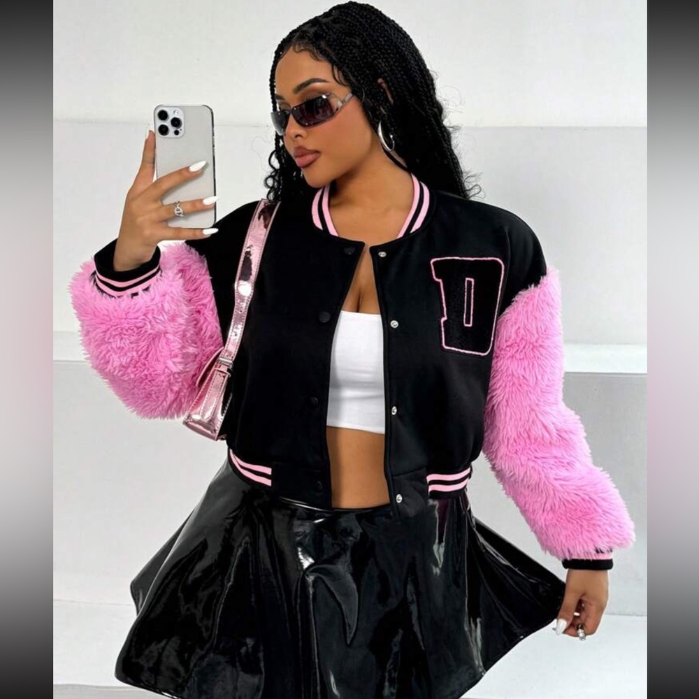 - Plus Size Faux Fur Arms Varsity Button Up Jacket